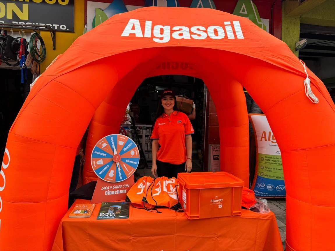 Promotora de AgenciaBTL en un punto de marca con arco inflable, ruleta y catálogo de productos